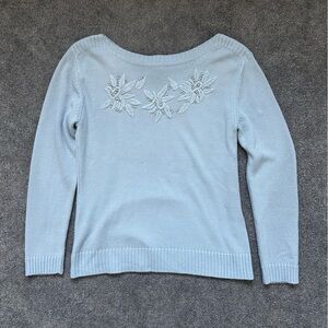 New York & Company Sweater Knit Snowflake Beaded Embellished Sparkle Light Blue